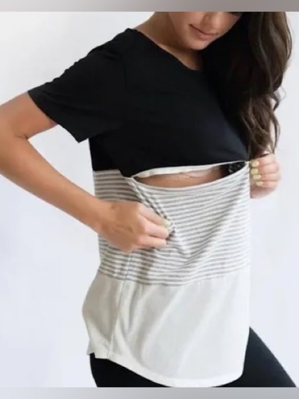 Nursing Queen Colorblock Top Black White Stripes Zipper Opening Short Sleeve S